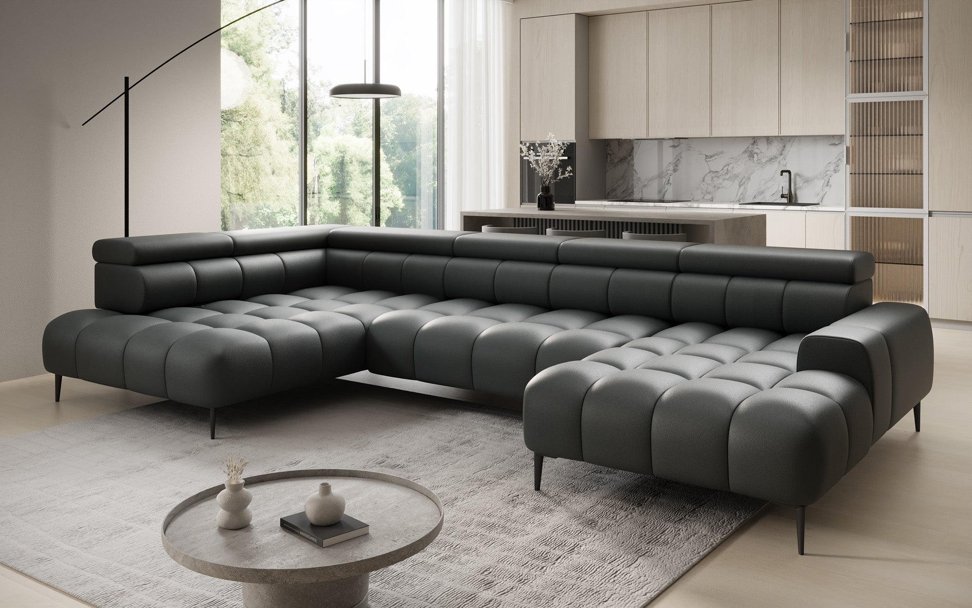 Designer Sofa Ceora U med elektrisk sovefunktion og justerbar rygstøtte i ægte læder