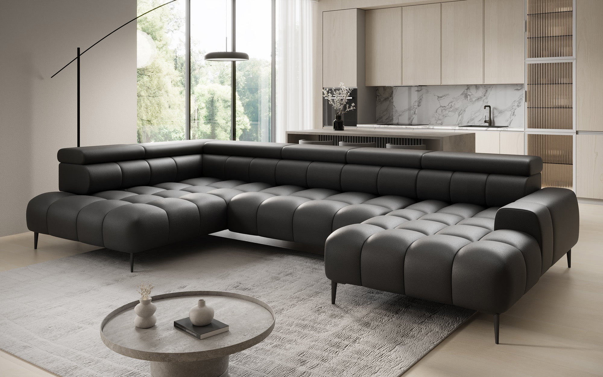 Designer Sofa Ceora U med elektrisk sovefunktion og justerbar rygstøtte i ægte læder