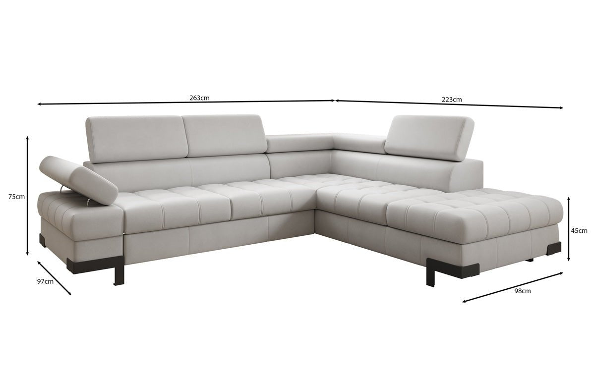 Designer L Sofa Noelia med sovefunktion og opbevaringsplads i ægte læder