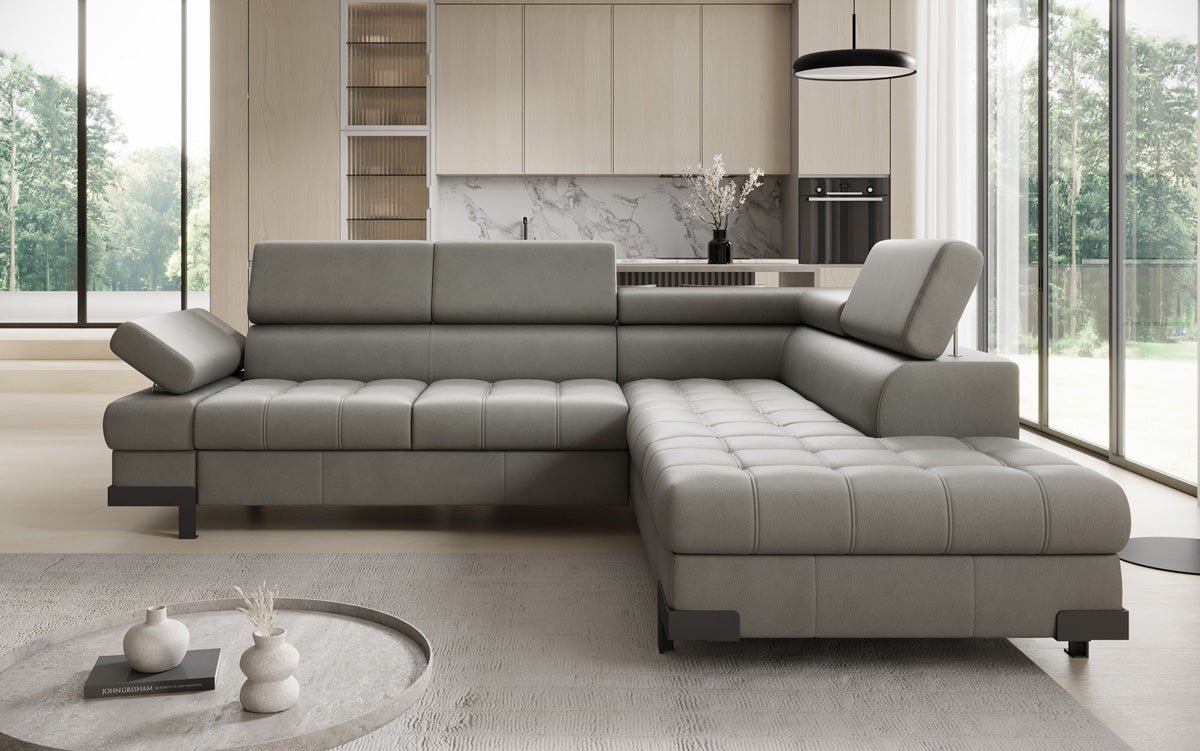 Designer L Sofa Noelia med sovefunktion og opbevaringsplads i ægte læder