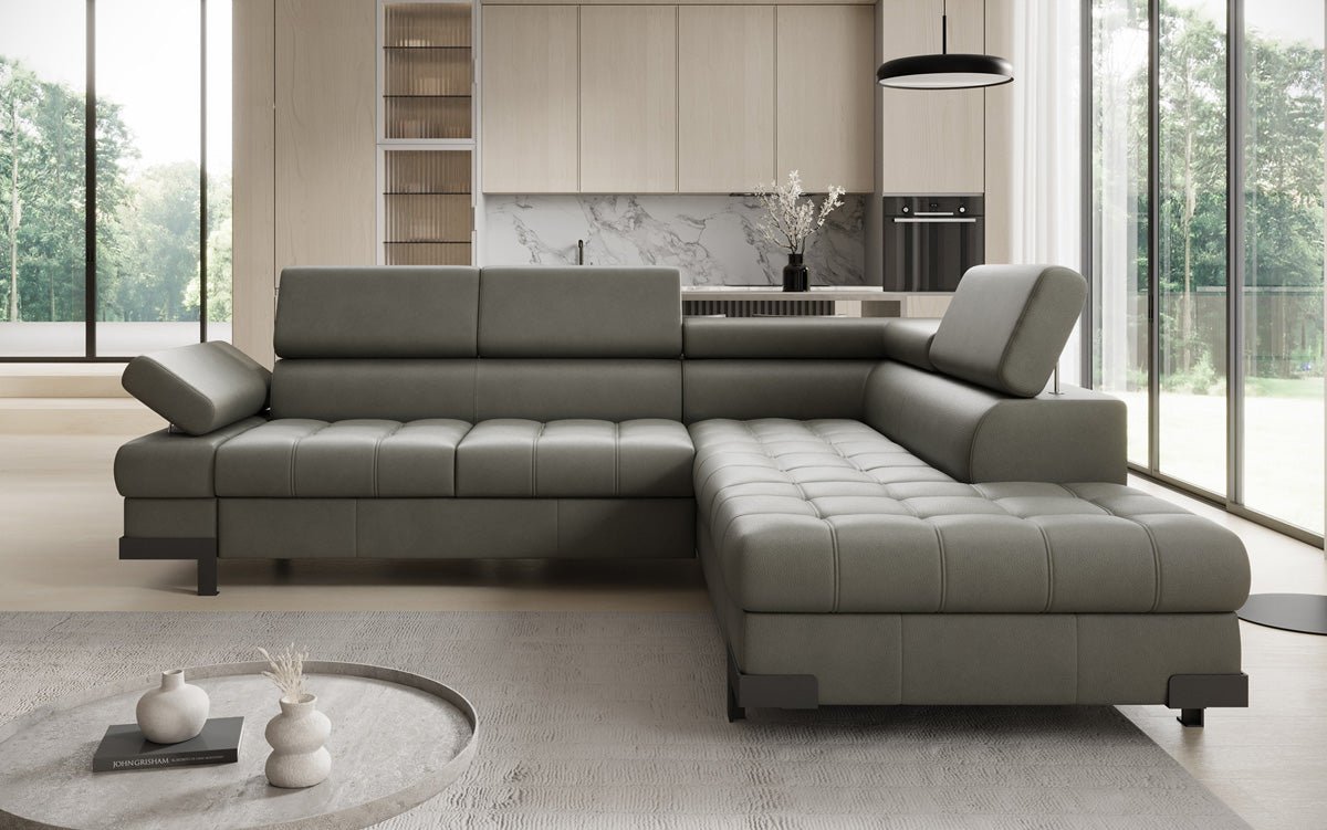 Designer L Sofa Noelia med sovefunktion og opbevaringsplads i ægte læder