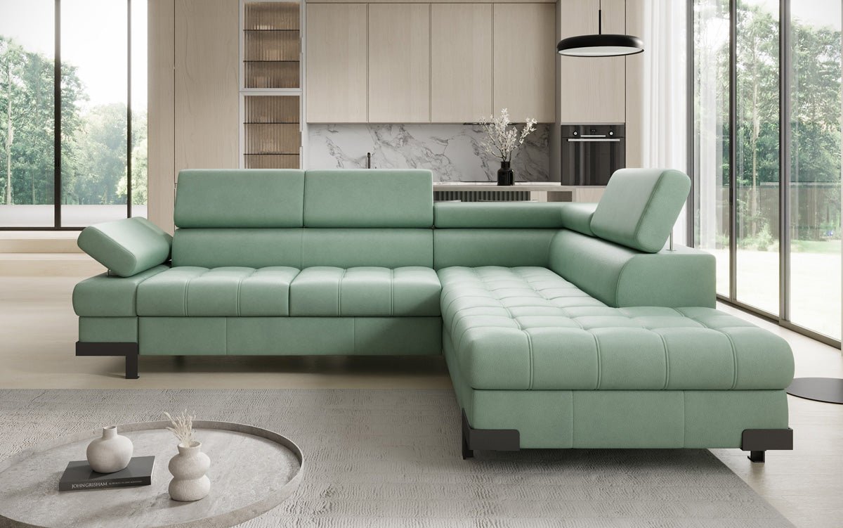 Designer L Sofa Noelia med sovefunktion og opbevaringsplads i ægte læder