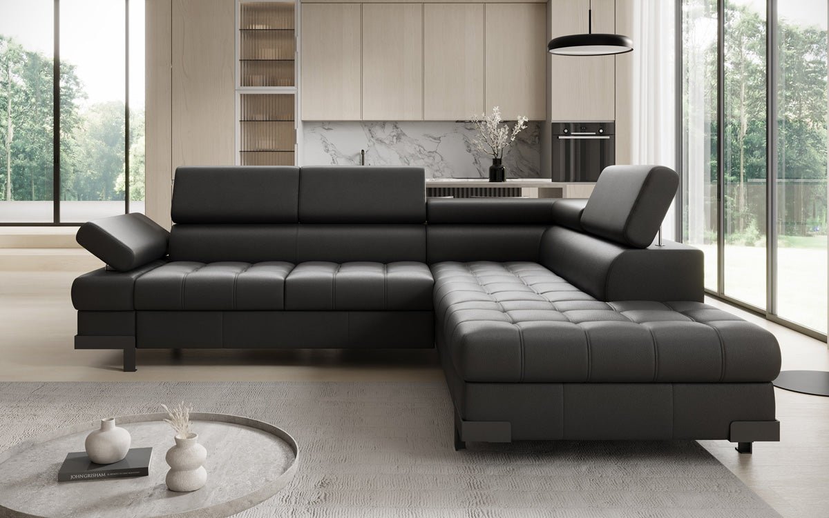 Designer L Sofa Noelia med sovefunktion og opbevaringsplads i ægte læder