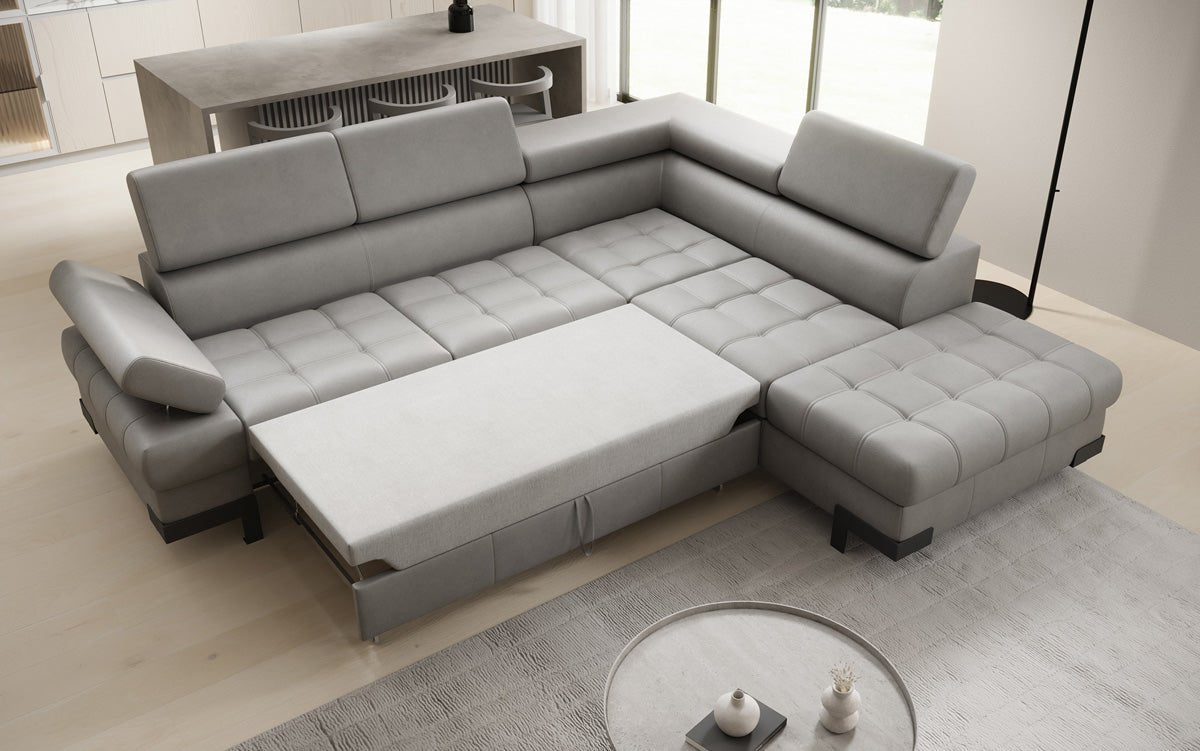 Designer L Sofa Noelia med sovefunktion og opbevaringsplads i ægte læder