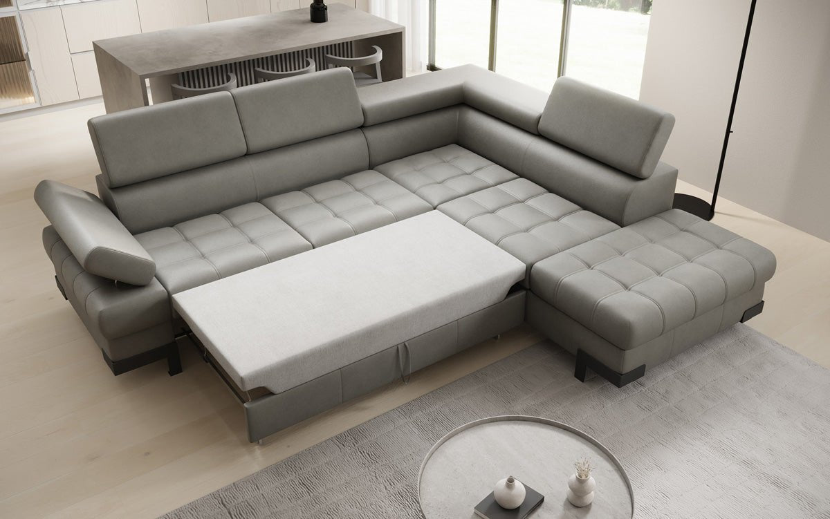 Designer L Sofa Noelia med sovefunktion og opbevaringsplads i ægte læder