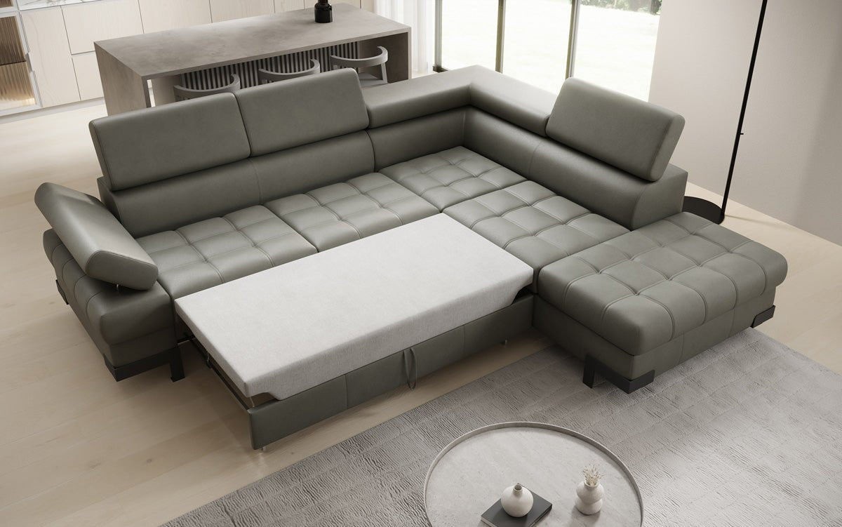 Designer L Sofa Noelia med sovefunktion og opbevaringsplads i ægte læder