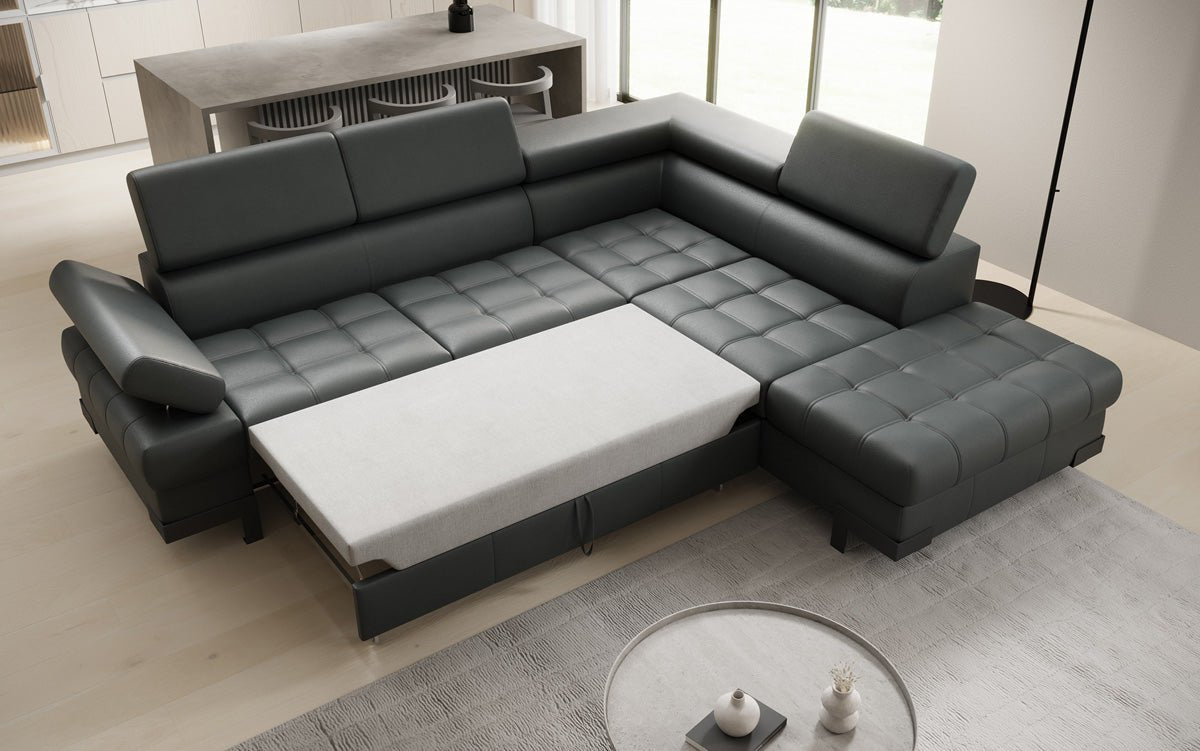 Designer L Sofa Noelia med sovefunktion og opbevaringsplads i ægte læder