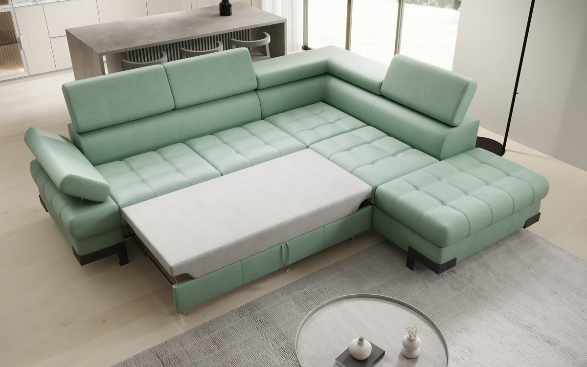 Designer L Sofa Noelia med sovefunktion og opbevaringsplads i ægte læder