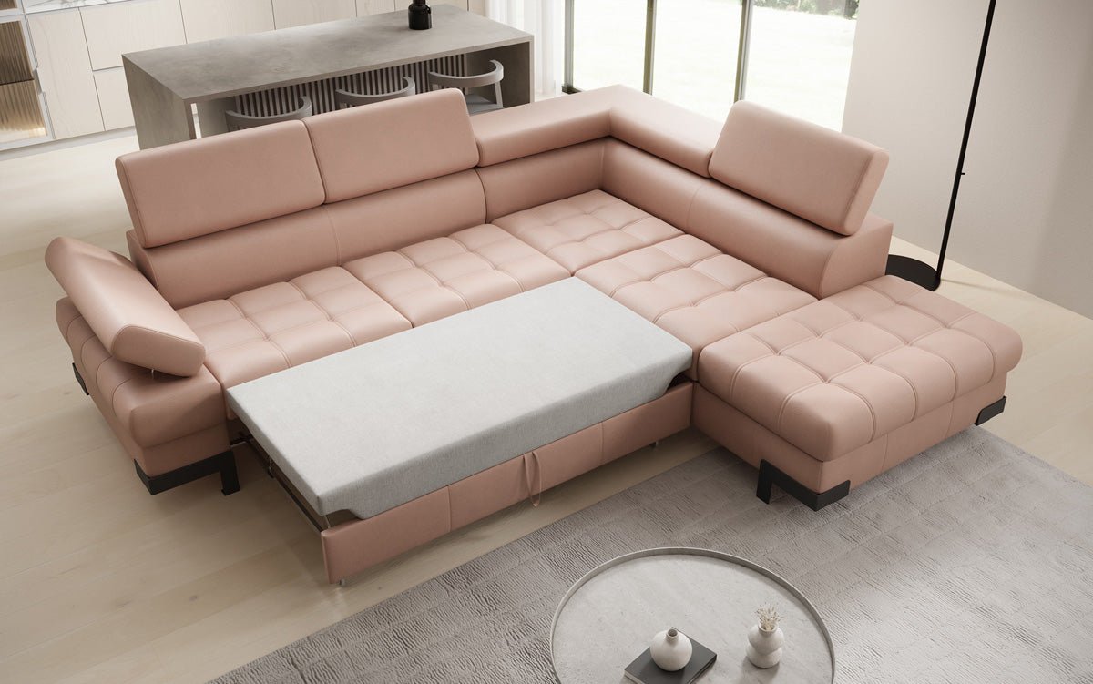 Designer L Sofa Noelia med sovefunktion og opbevaringsplads i ægte læder