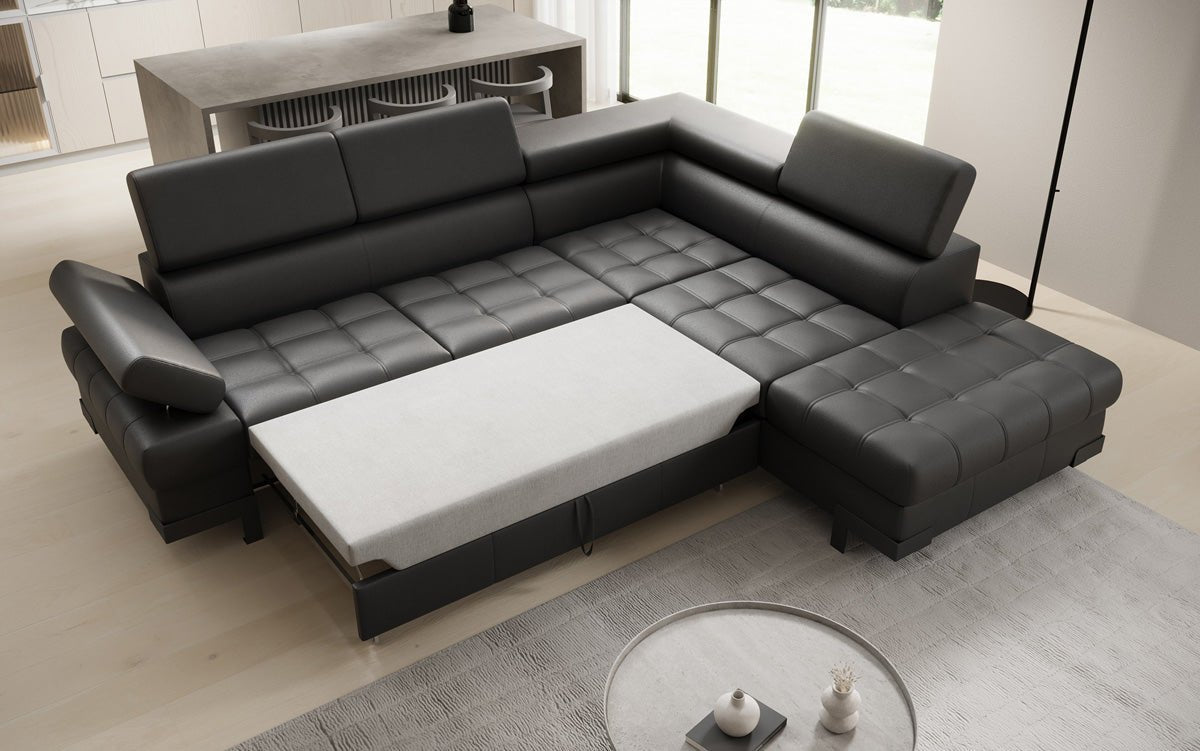 Designer L Sofa Noelia med sovefunktion og opbevaringsplads i ægte læder