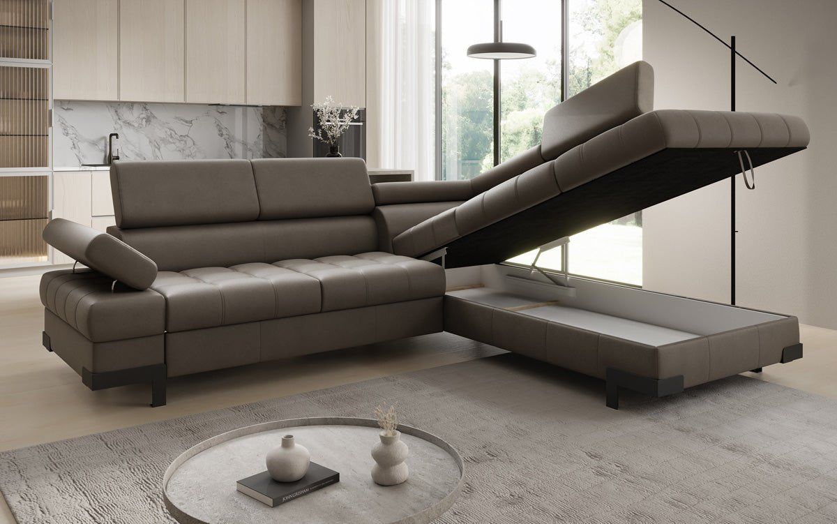 Designer L Sofa Noelia med sovefunktion og opbevaringsplads i ægte læder