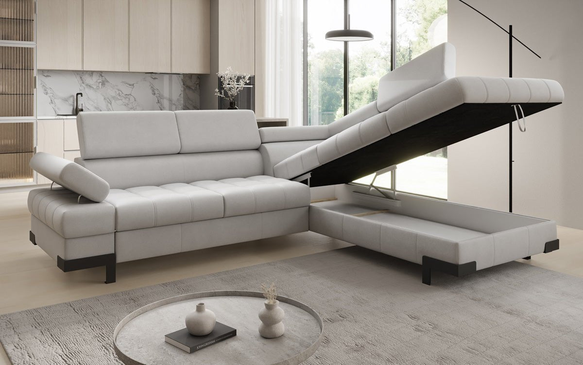 Designer L Sofa Noelia med sovefunktion og opbevaringsplads i ægte læder