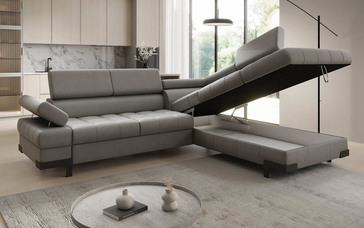 Designer L Sofa Noelia med sovefunktion og opbevaringsplads i ægte læder