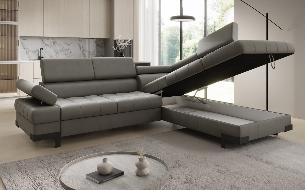 Designer L Sofa Noelia med sovefunktion og opbevaringsplads i ægte læder