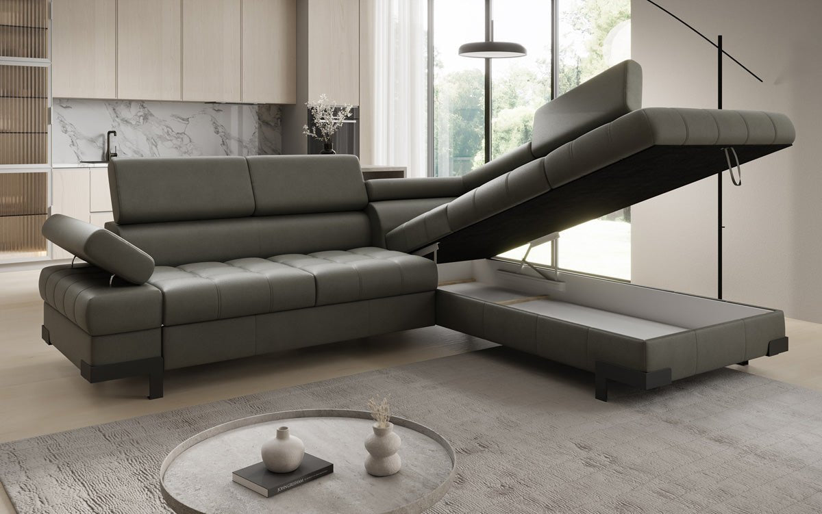 Designer L Sofa Noelia med sovefunktion og opbevaringsplads i ægte læder