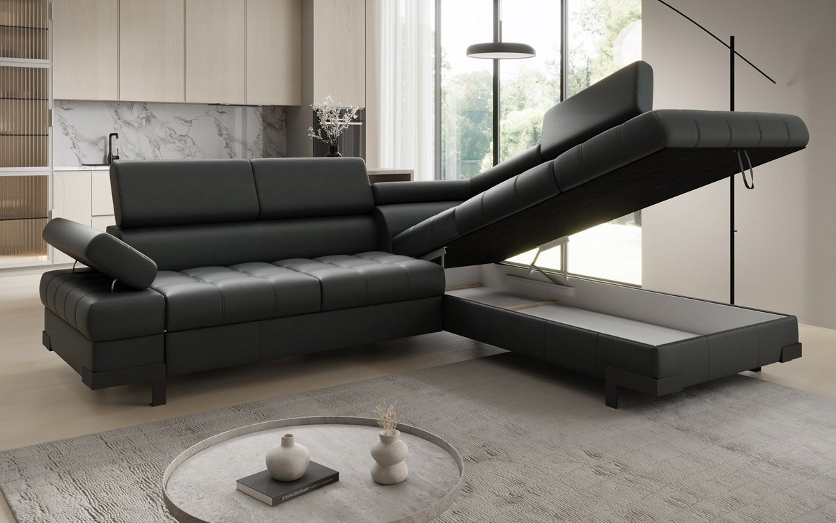 Designer L Sofa Noelia med sovefunktion og opbevaringsplads i ægte læder