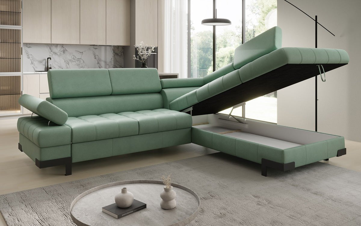 Designer L Sofa Noelia med sovefunktion og opbevaringsplads i ægte læder
