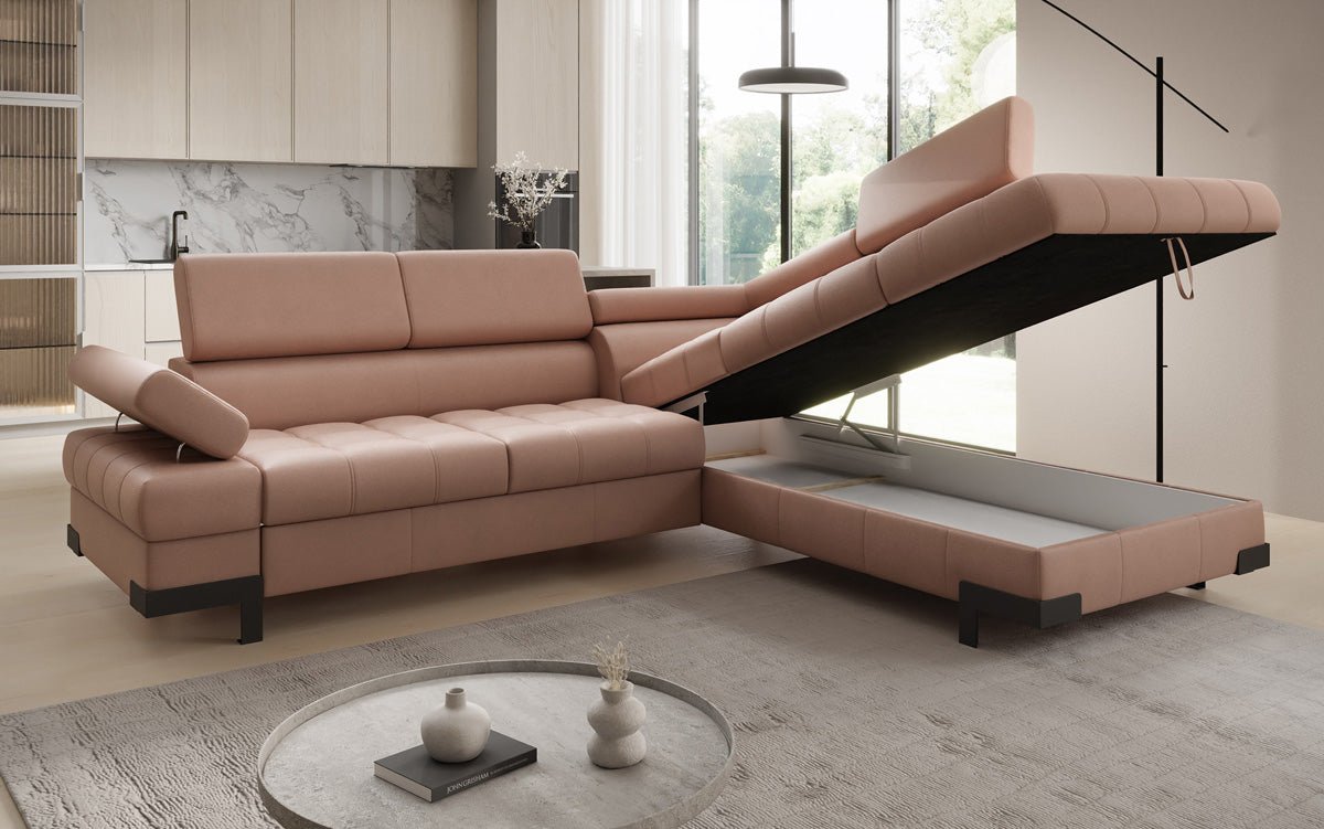 Designer L Sofa Noelia med sovefunktion og opbevaringsplads i ægte læder