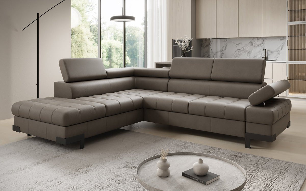 Designer L Sofa Noelia med sovefunktion og opbevaringsplads i ægte læder