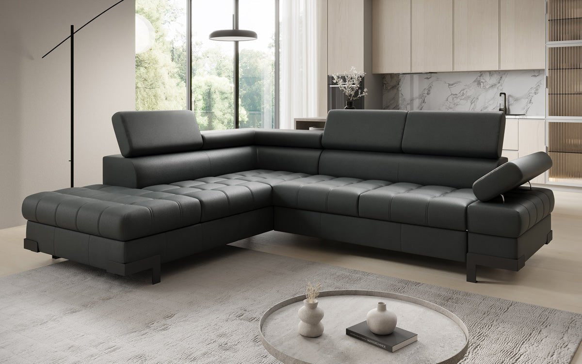 Designer L Sofa Noelia med sovefunktion og opbevaringsplads i ægte læder