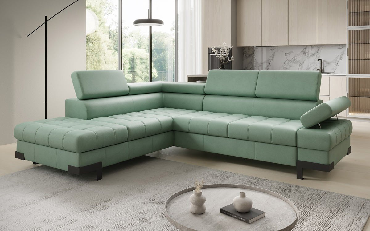 Designer L Sofa Noelia med sovefunktion og opbevaringsplads i ægte læder