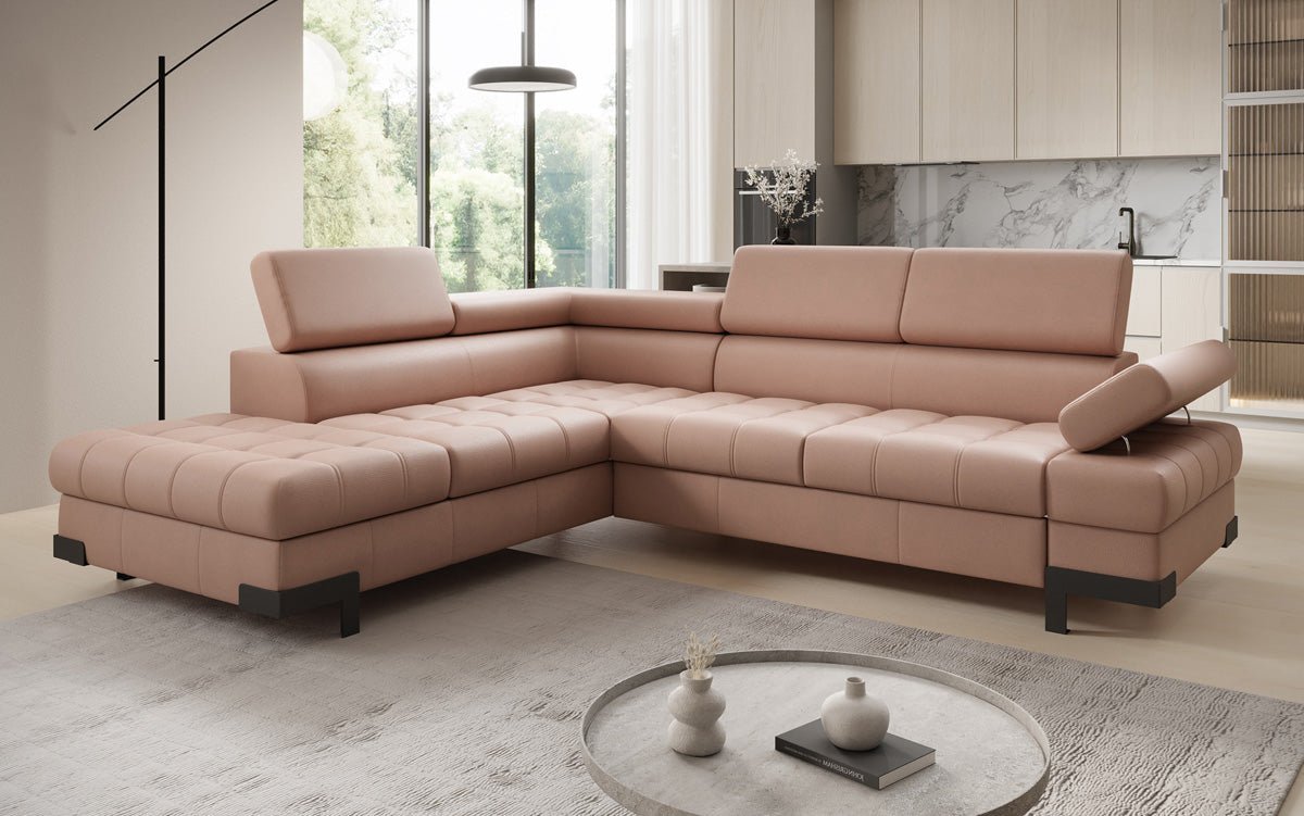 Designer L Sofa Noelia med sovefunktion og opbevaringsplads i ægte læder