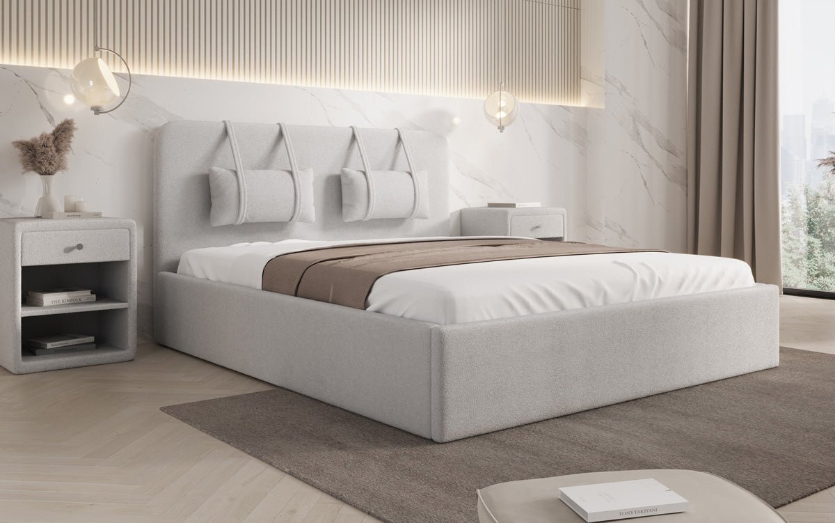 Designer polstret seng Alma i Bouclé med opbevaringsplads