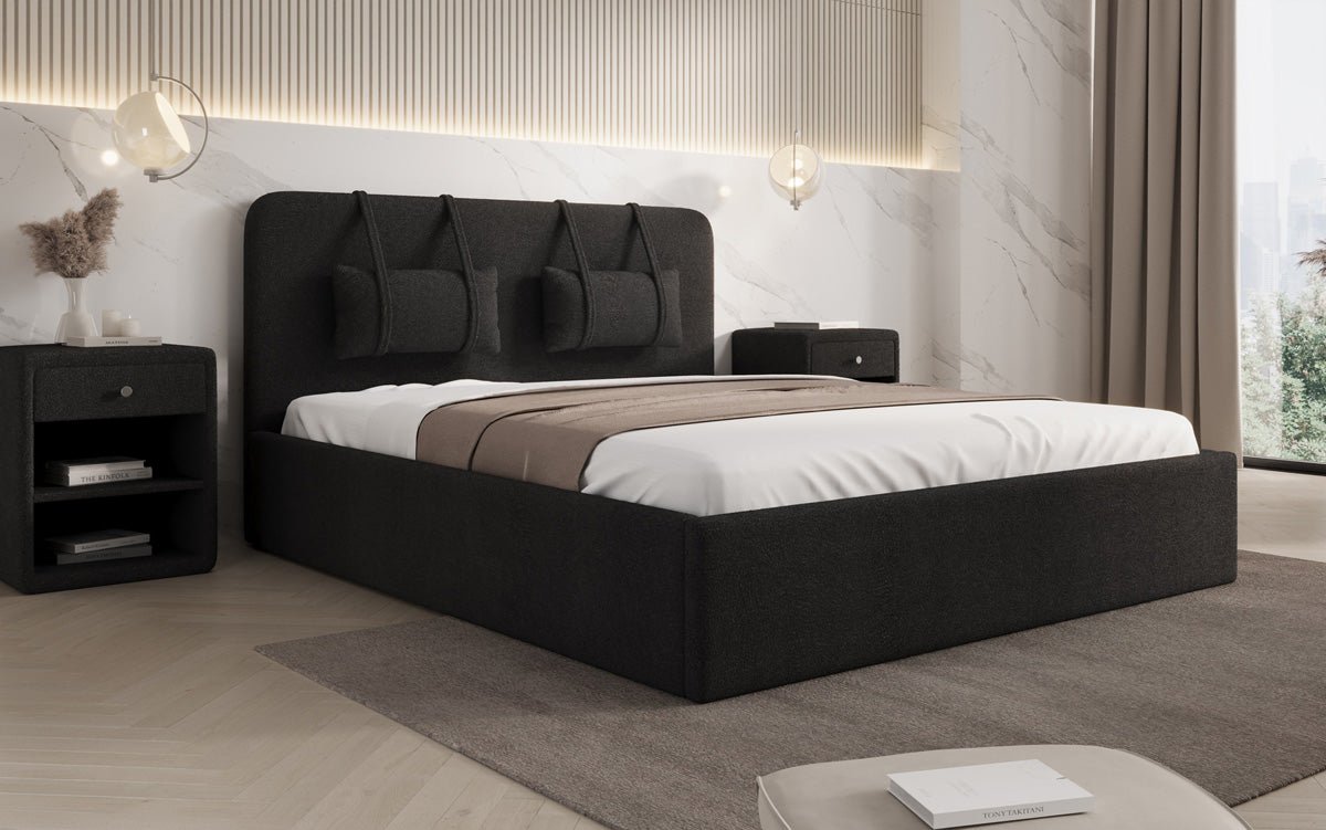 Designer polstret seng Alma i Bouclé med opbevaringsplads