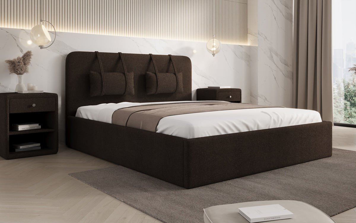Designer polstret seng Alma i Bouclé med opbevaringsplads