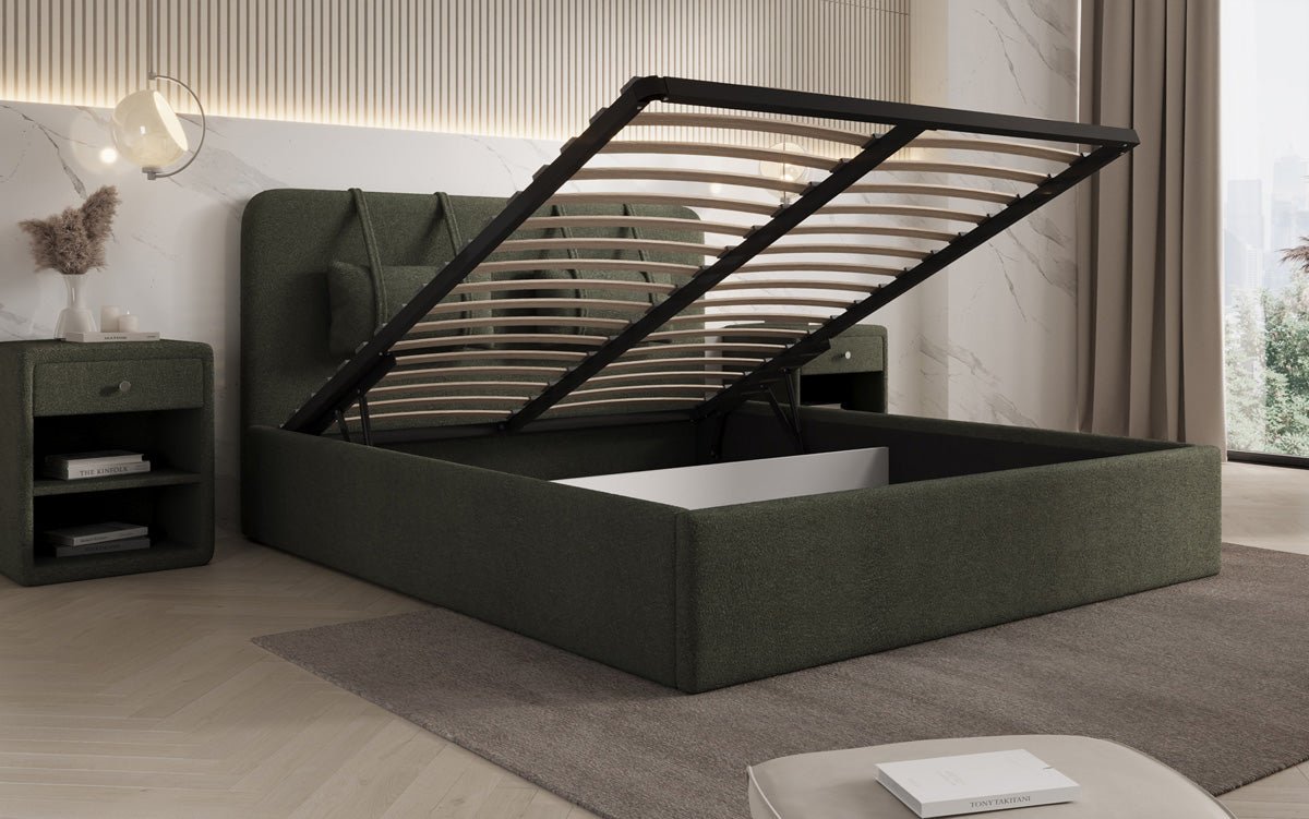 Designer polstret seng Alma i Bouclé med opbevaringsplads