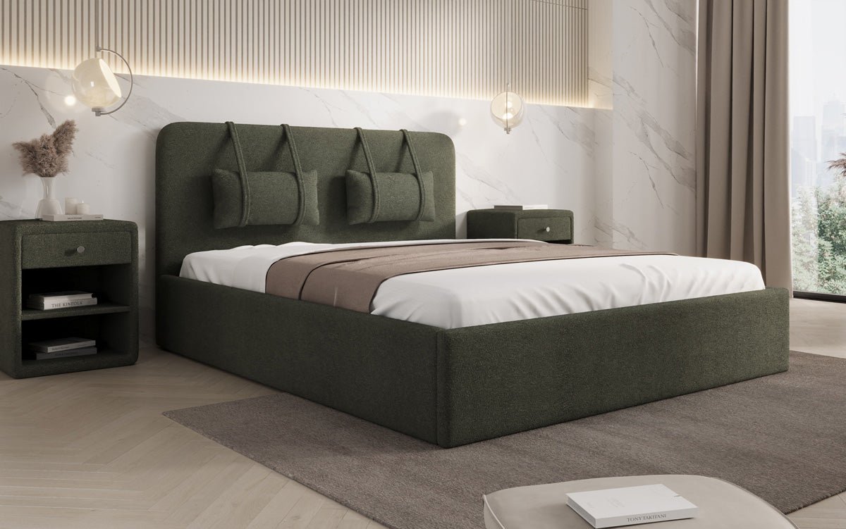 Designer polstret seng Alma i Bouclé med opbevaringsplads