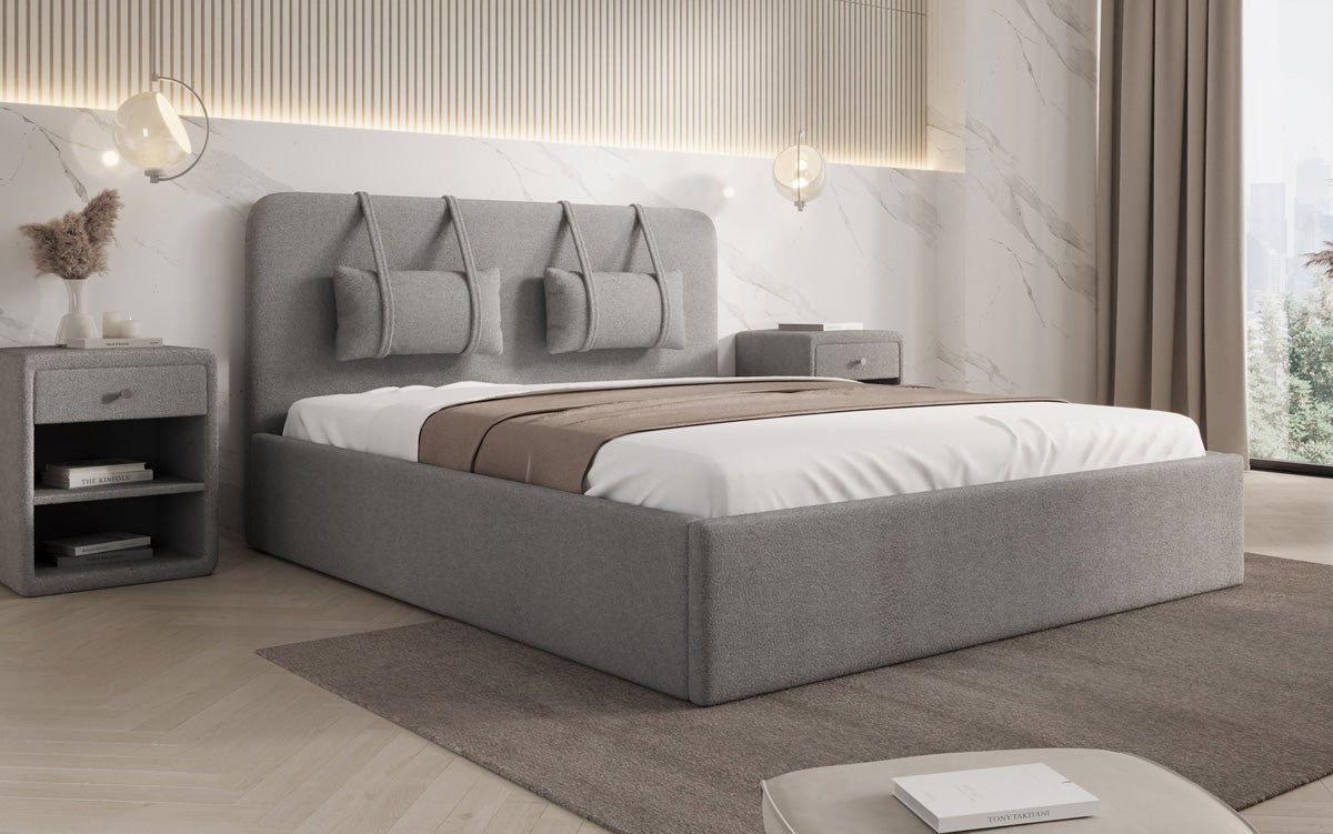 Designer polstret seng Alma i Bouclé med opbevaringsplads