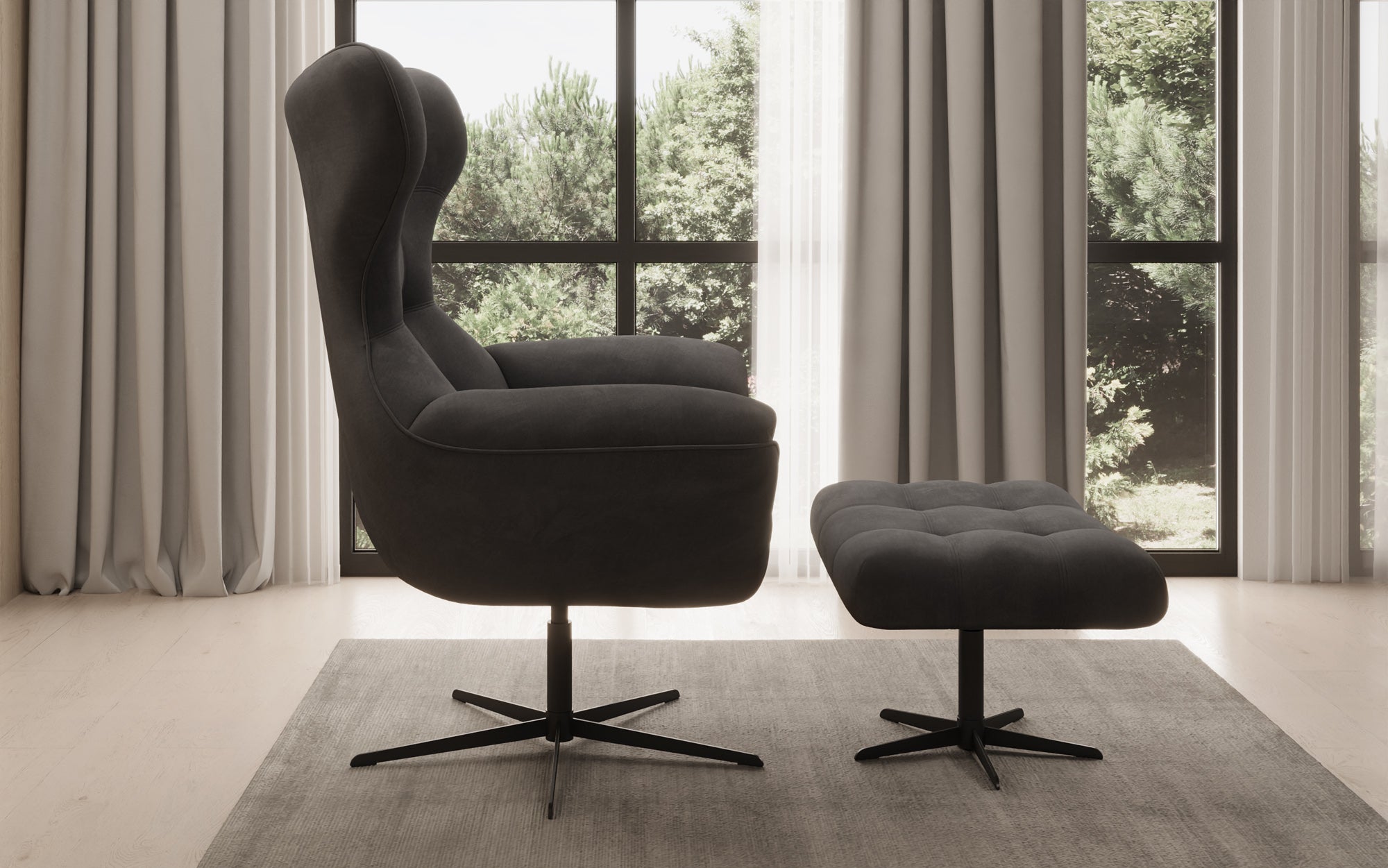 Designer Sofa-Sessel Aurelio inkl. Beistellhocker in Velour