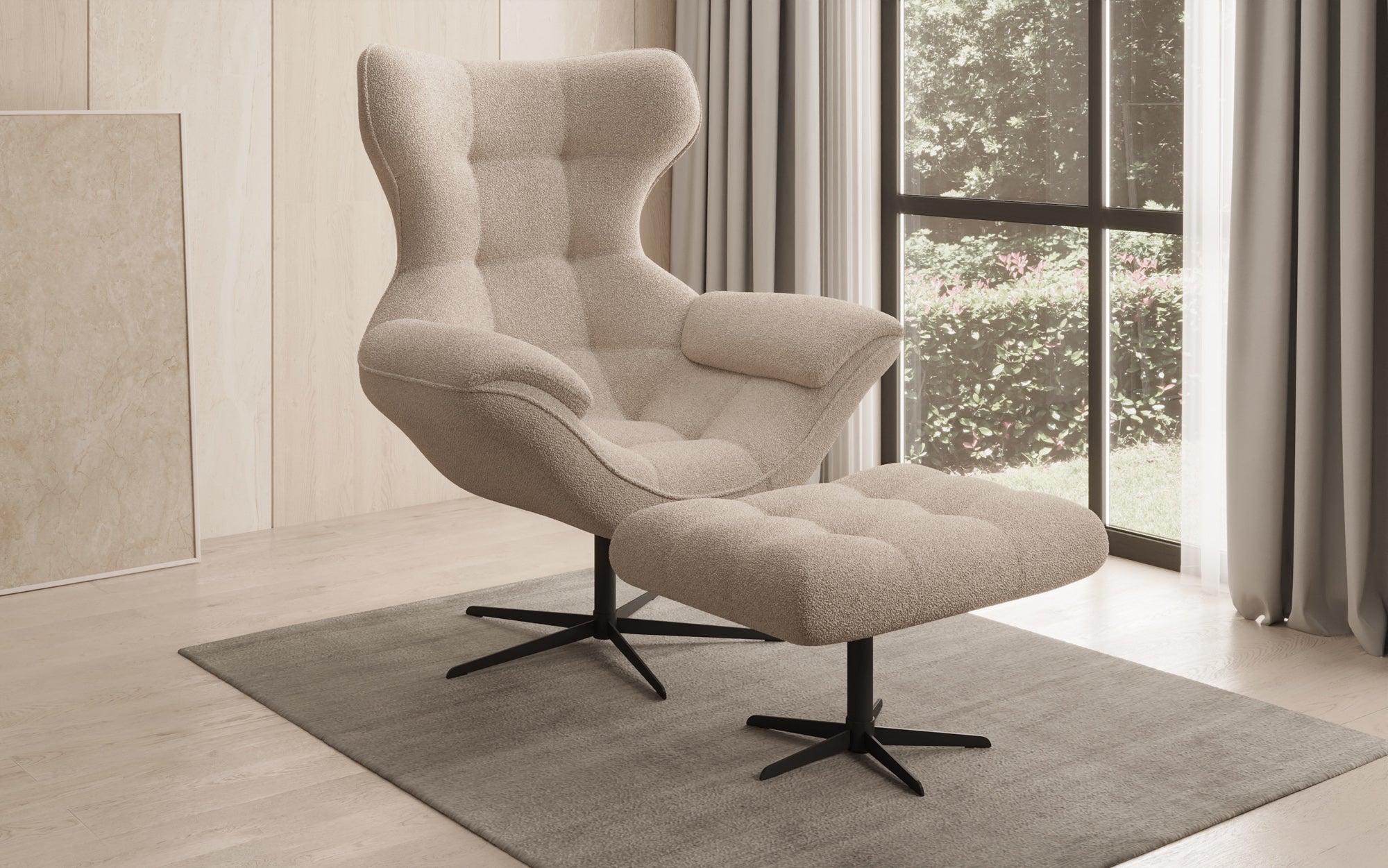 Designer Sofa-Lænestol Aurelio inkl. sidepuf i Bouclé