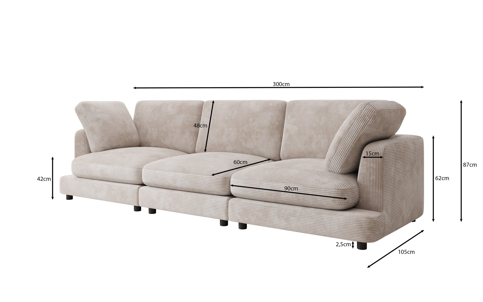 Designer 3-personers sofa Thalessa i Cordfløjl
