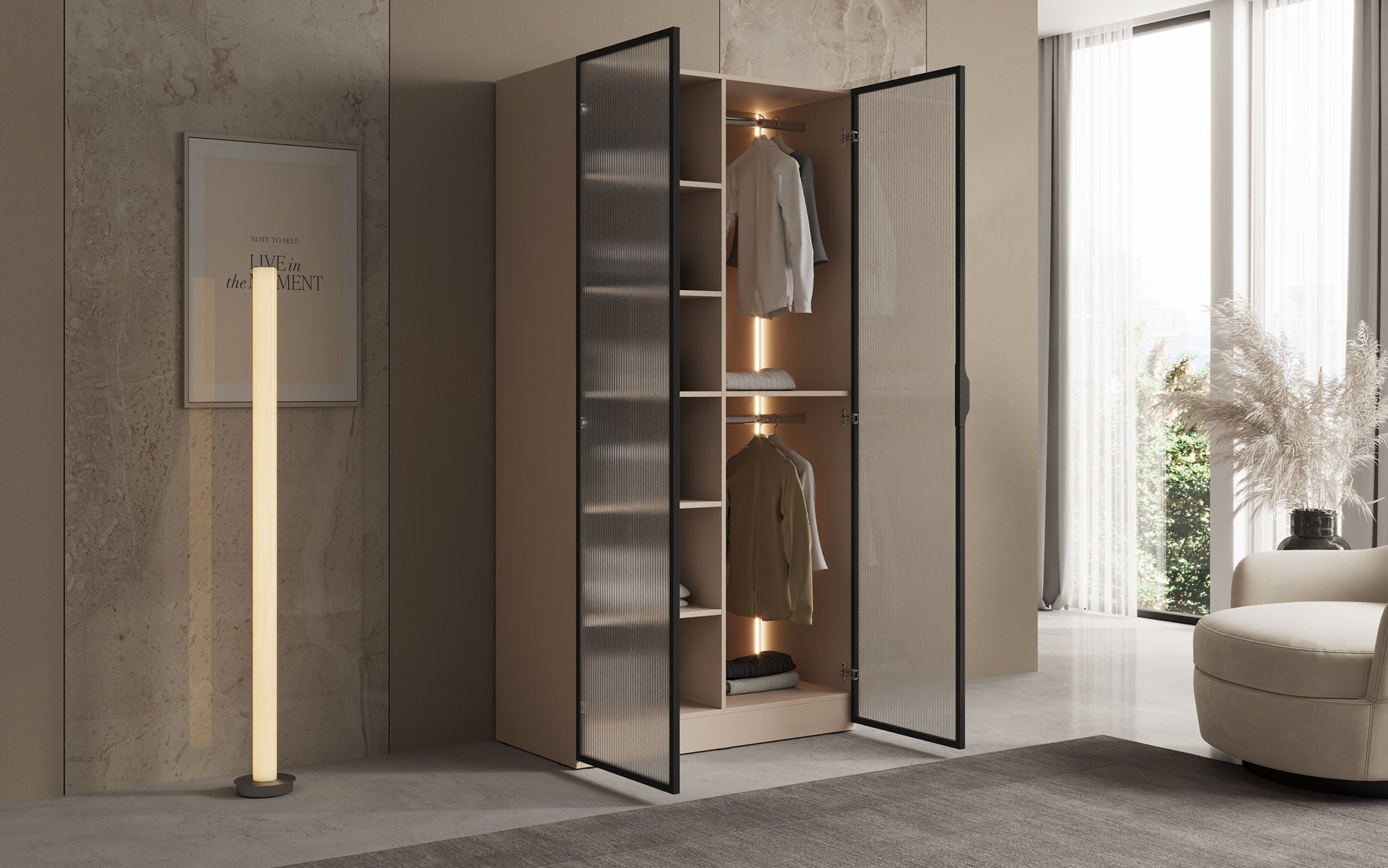 Modulo Arda – Design-garderobeskab med rippet glasfront
