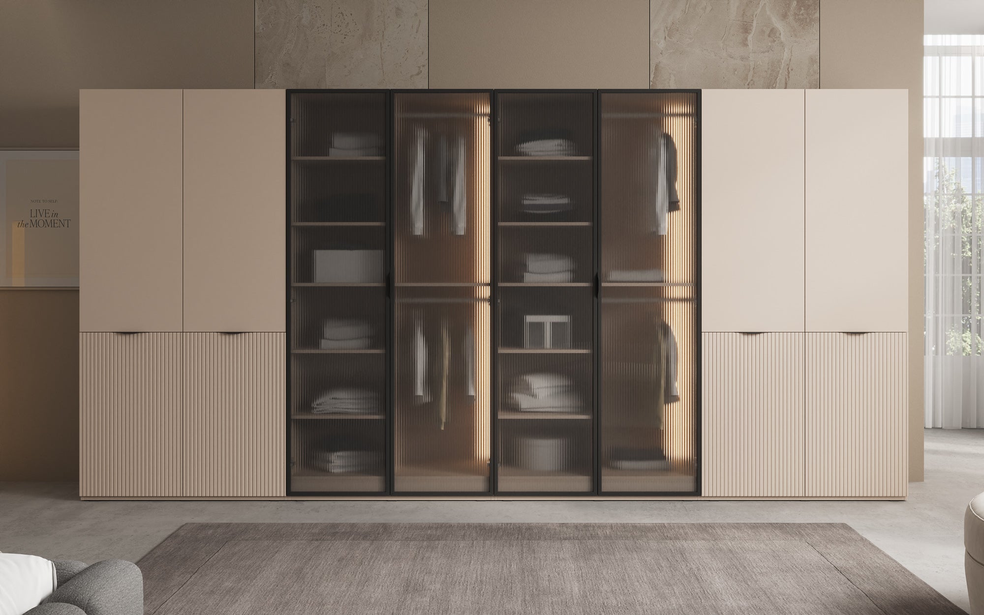 Modulo Rivon – Modulært design-garderobeskab med riffelglasfront og strukturpaneler