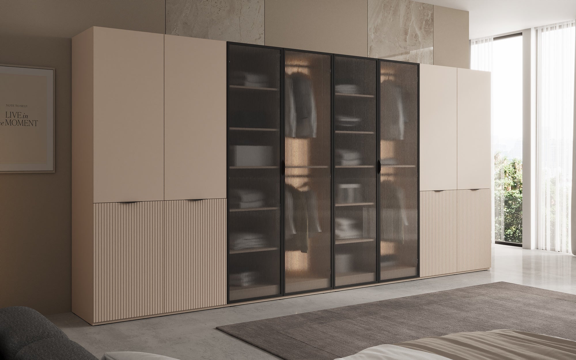 Modulo Rivon – Modulært design-garderobeskab med riffelglasfront og strukturpaneler