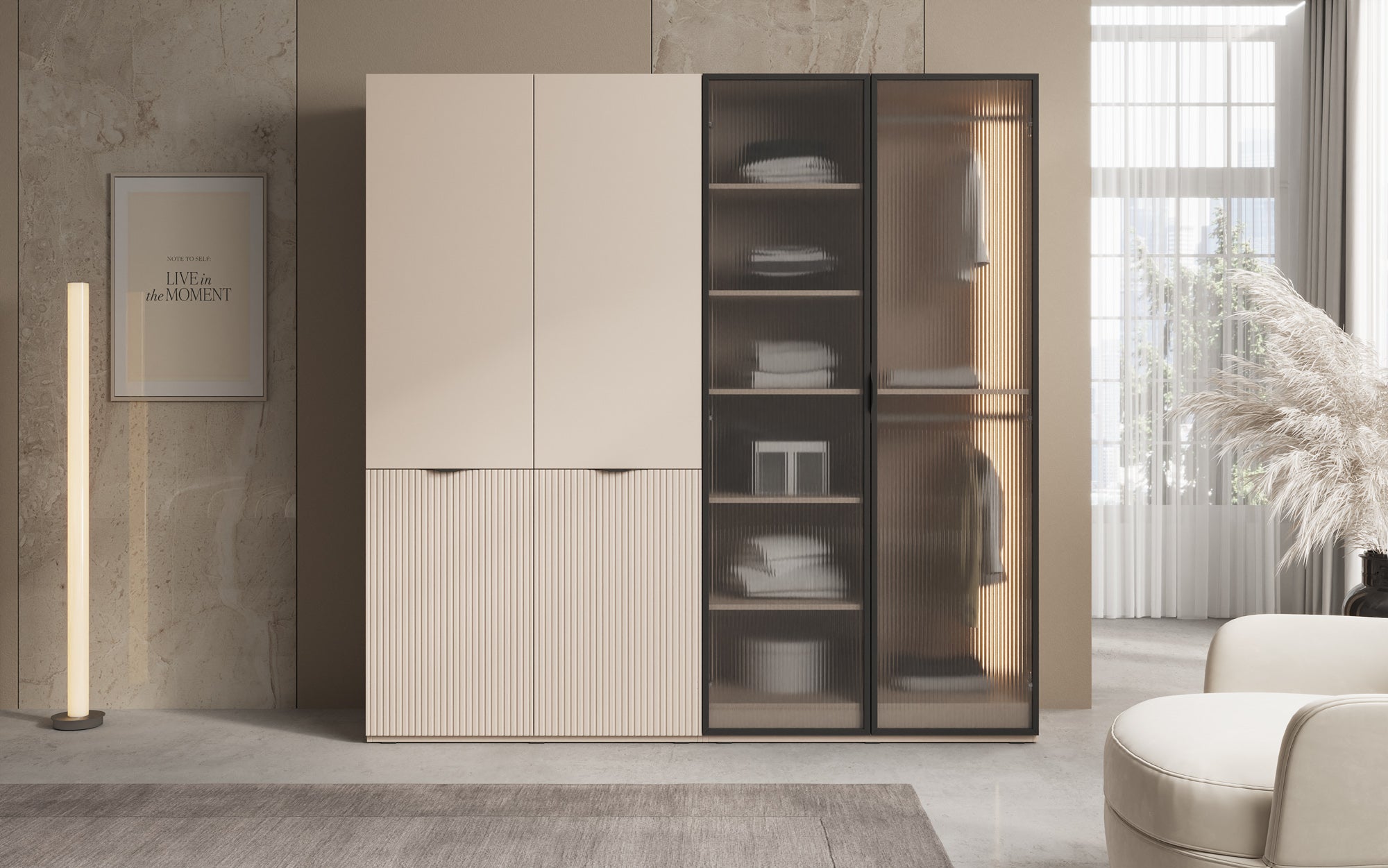 Modulo Ravo – Modulært klædeskab med rillede glasfront og strukturpanel