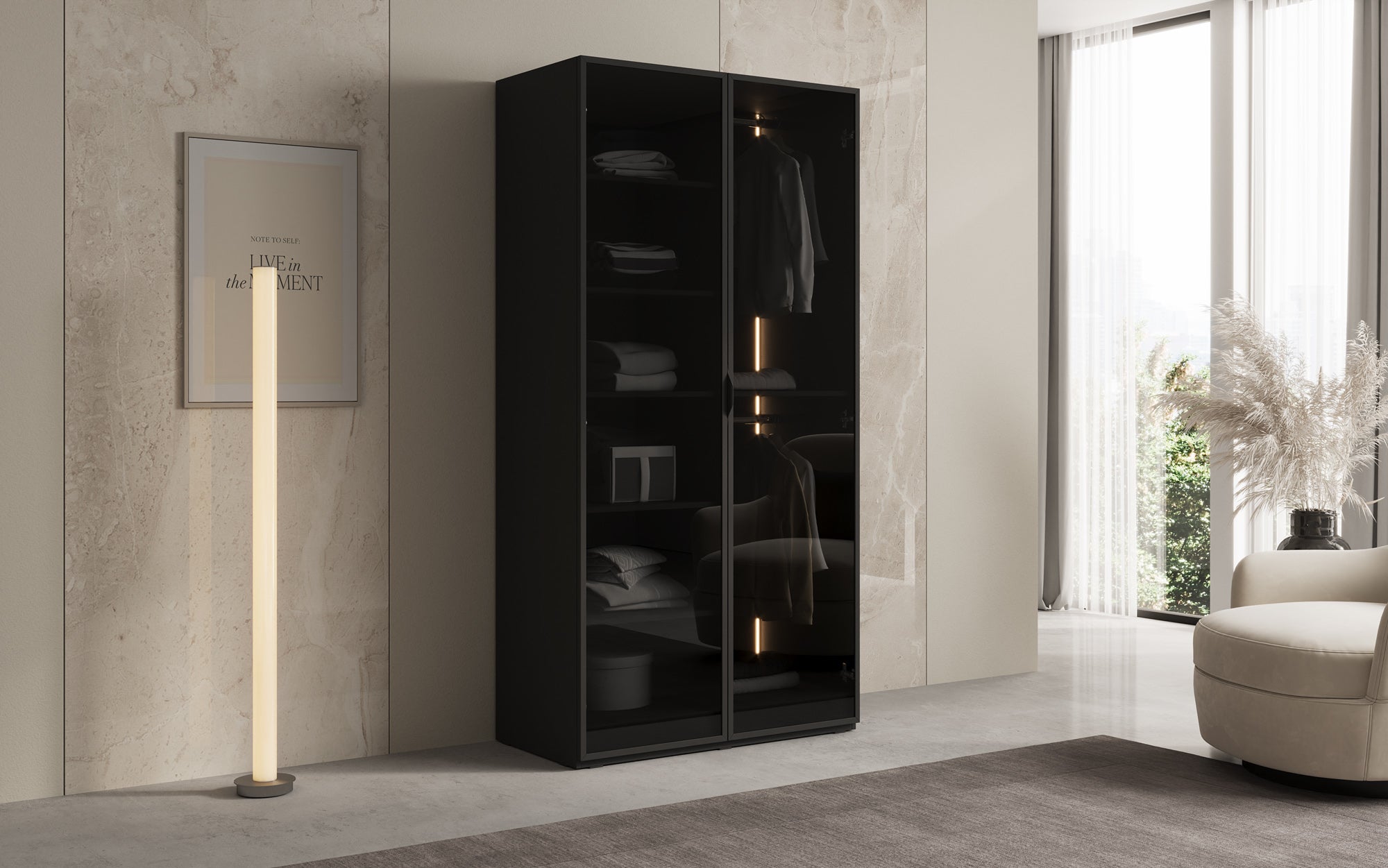 Modulo Luno – Design-garderobeskab med glasfront og LED-indvendig belysning