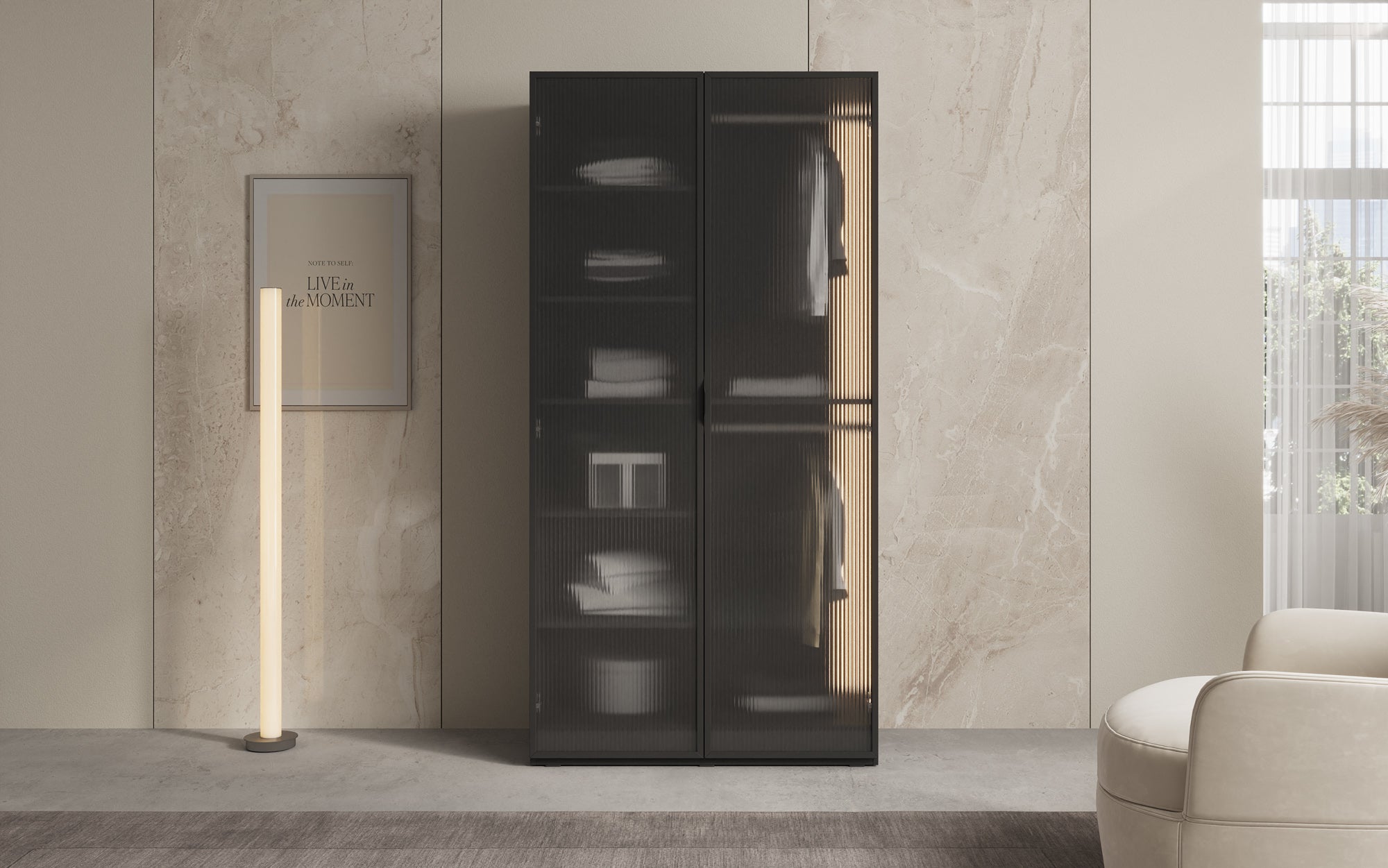 Modulo Arda – Design-garderobeskab med rippet glasfront