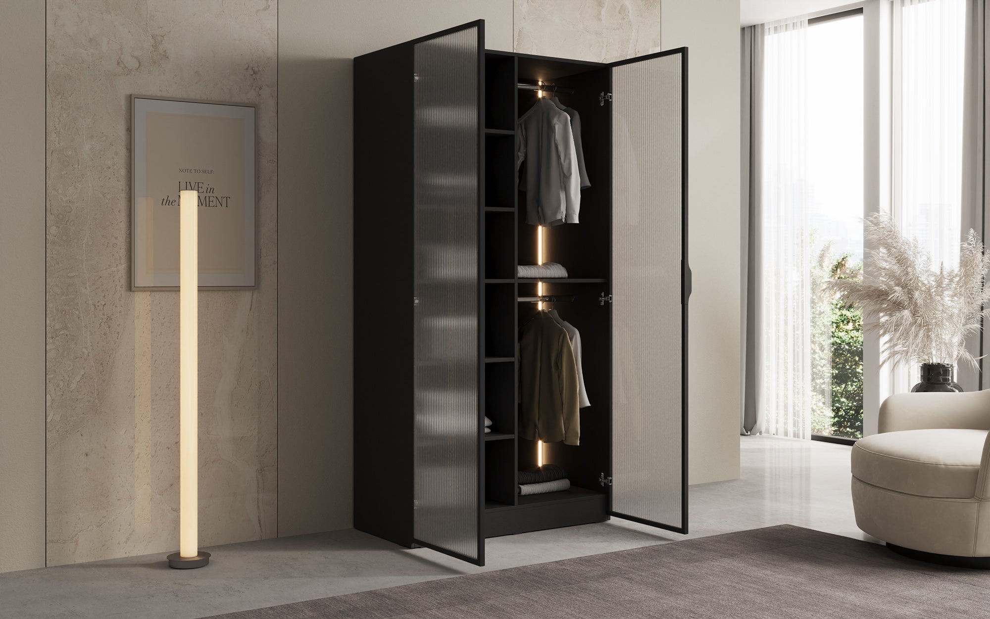 Modulo Arda – Design-garderobeskab med rippet glasfront