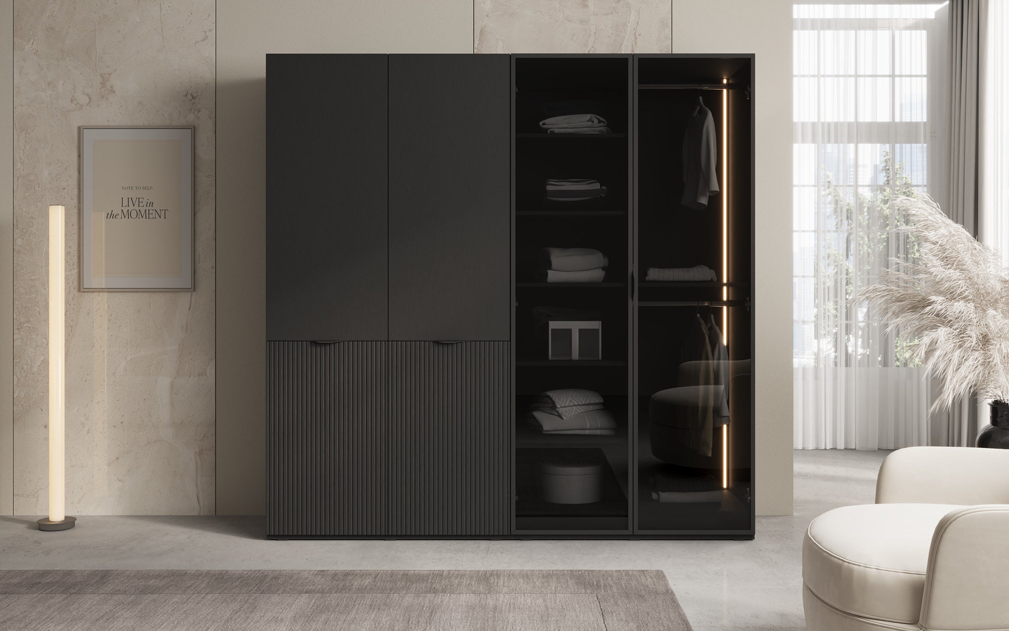 Modulo Nero – Modulært klædeskab med glas- og strukturfront