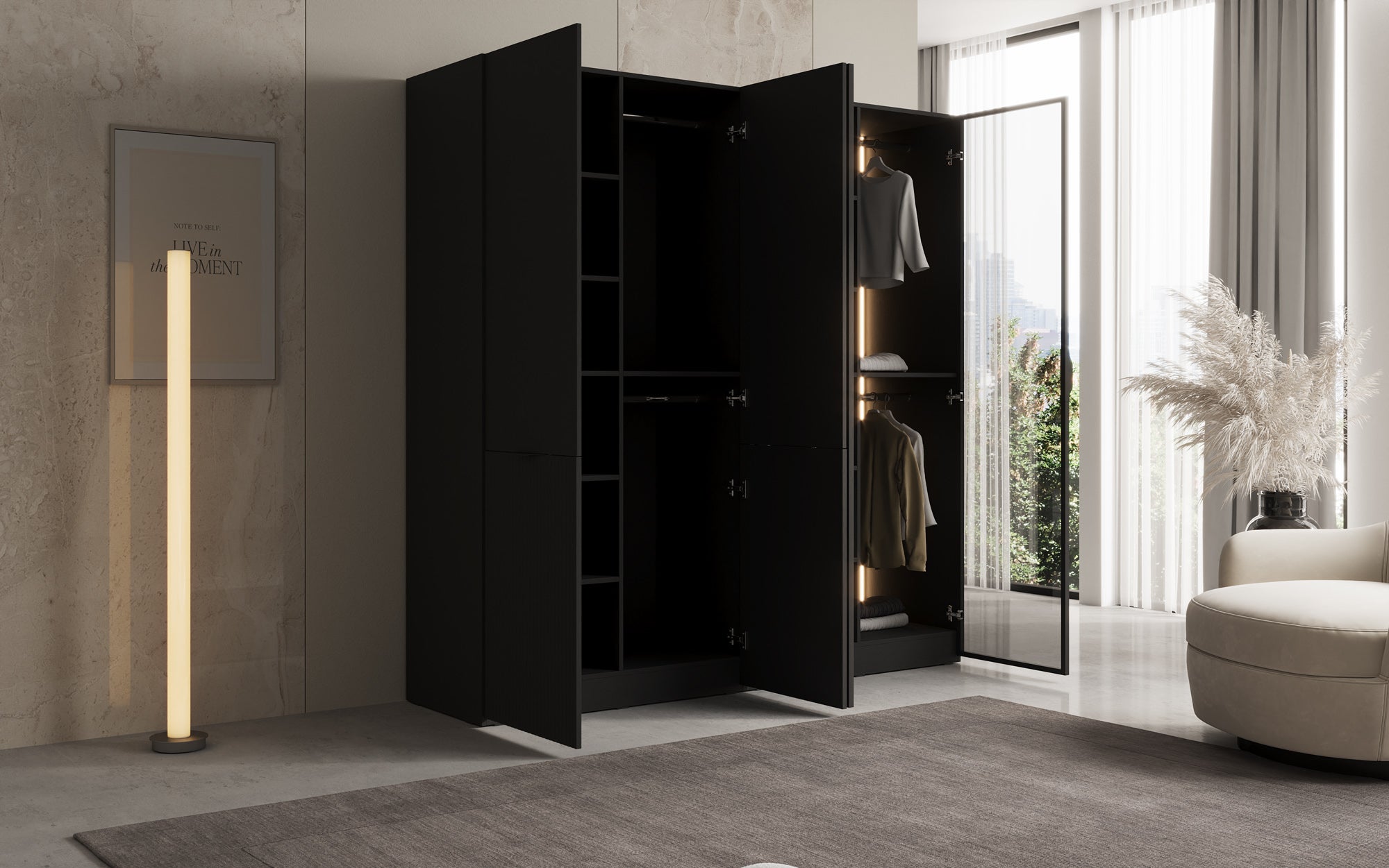 Modulo Nero – Modulært klædeskab med glas- og strukturfront