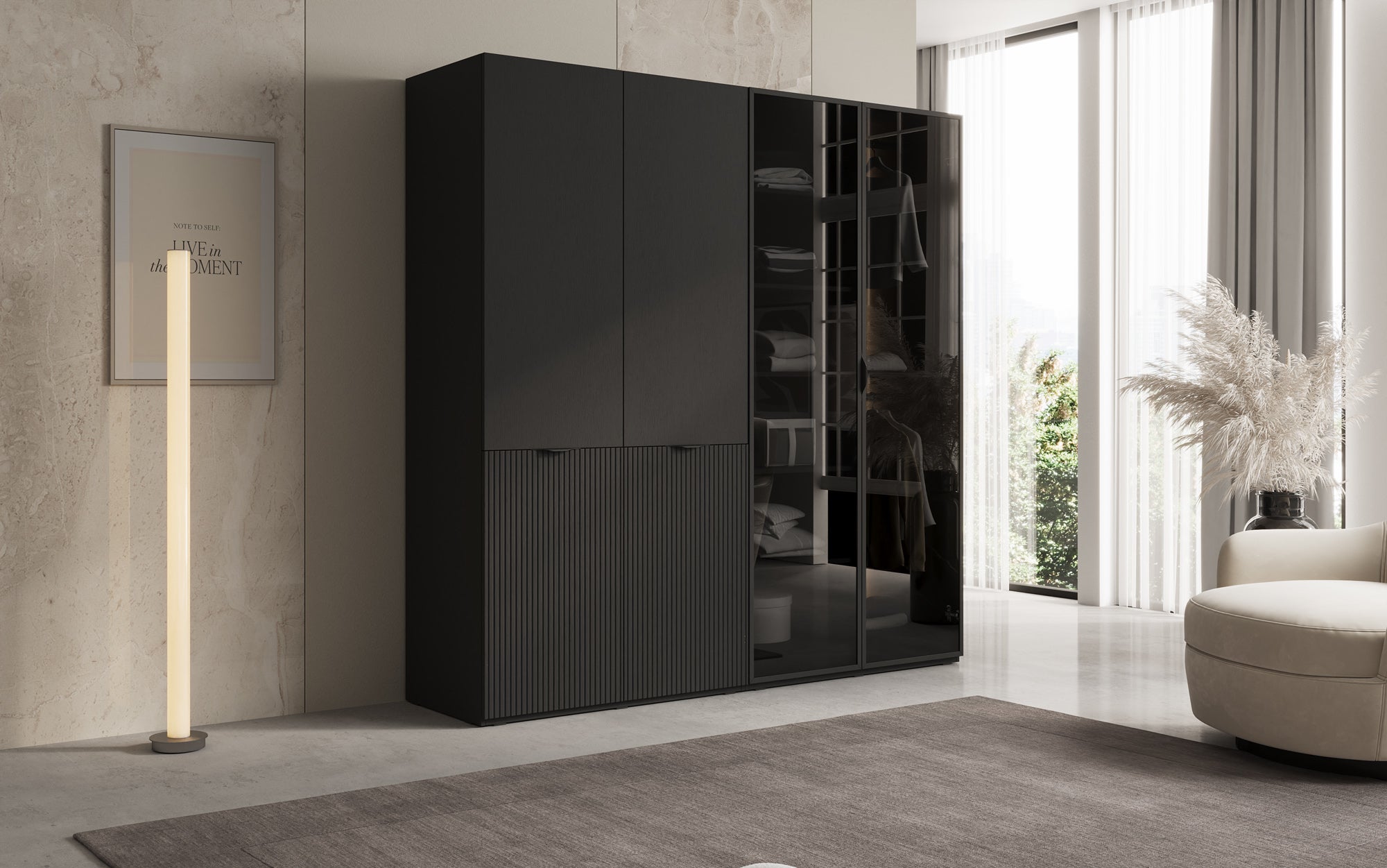 Modulo Nero – Modulært klædeskab med glas- og strukturfront