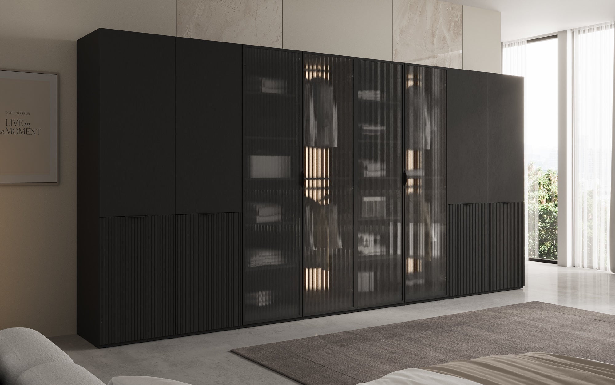 Modulo Rivon – Modulært design-garderobeskab med riffelglasfront og strukturpaneler
