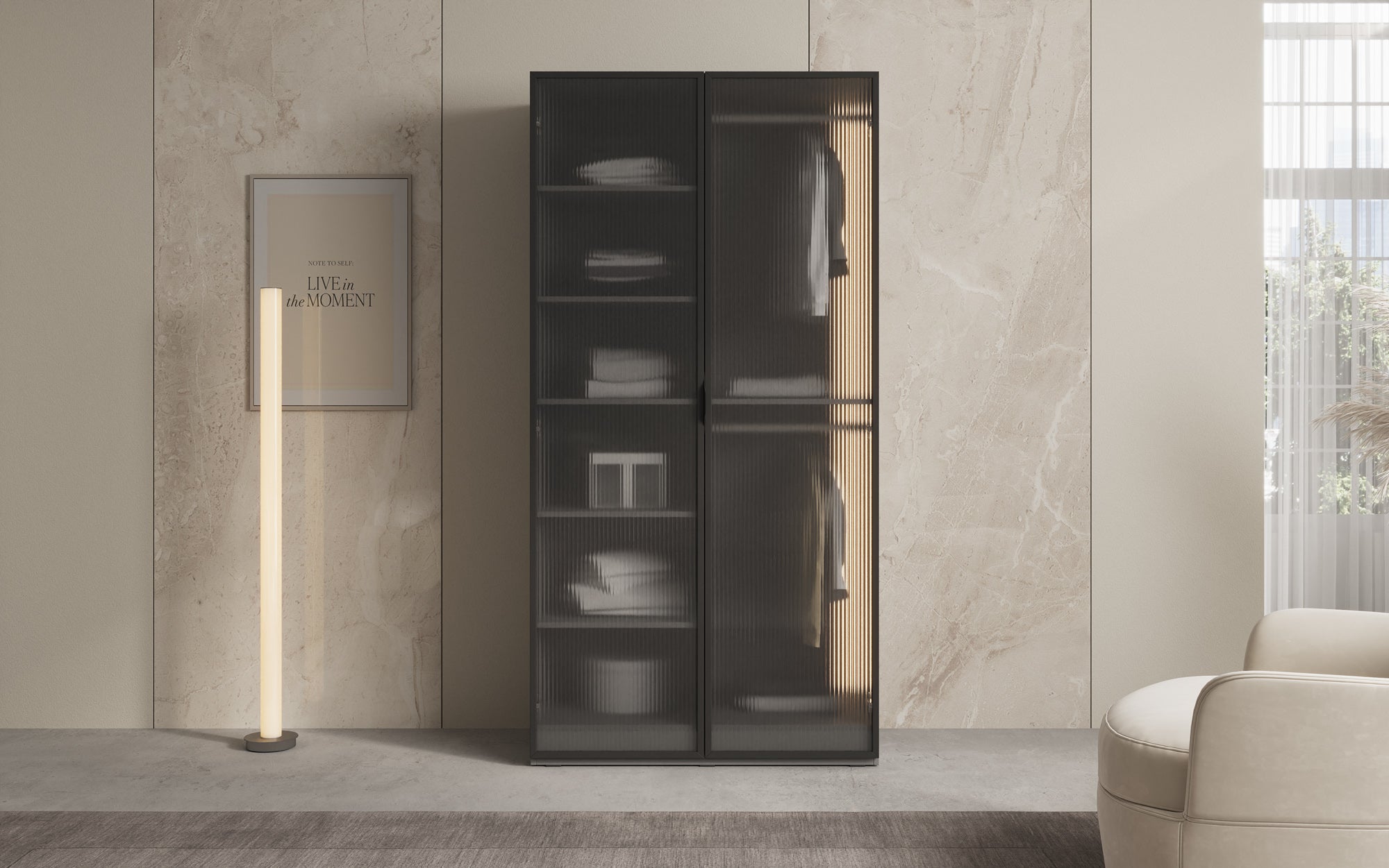 Modulo Arda – Design-garderobeskab med rippet glasfront