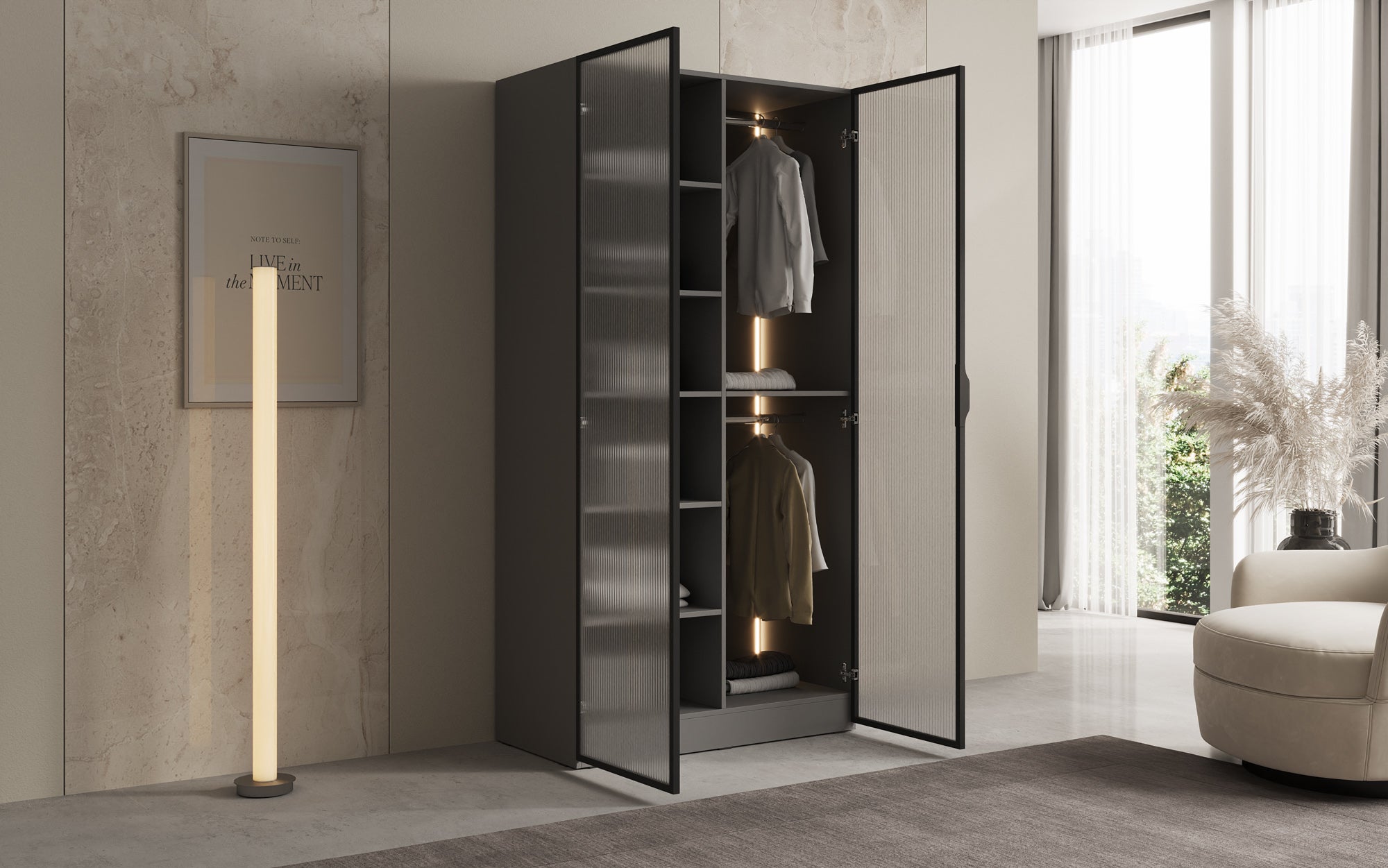Modulo Arda – Design-garderobeskab med rippet glasfront