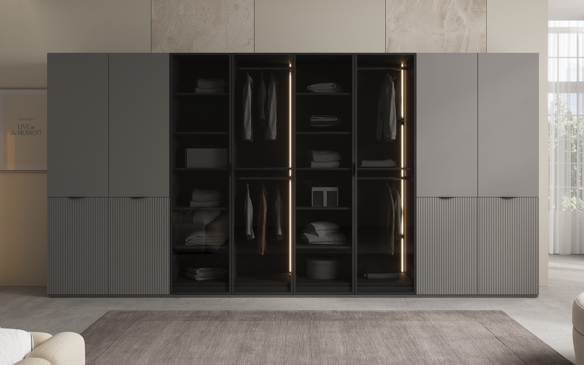 Modulo Verno – Modulært design-garderobeskab med glas- og strukturfront
