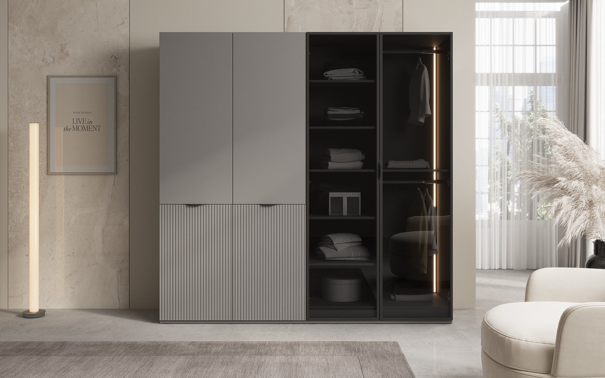 Modulo Nero – Modulært klædeskab med glas- og strukturfront